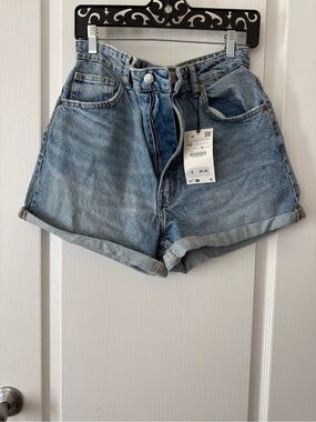 Zara Light Blue High-Waist Rolled Hem Denim Shorts
